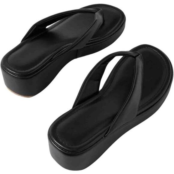 Womens platform flip flops summer faux leather strappy open toe sandals shoes - Picture 7 of 8